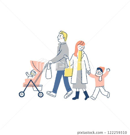 A family of four in winter clothes walking with smiles 122259310