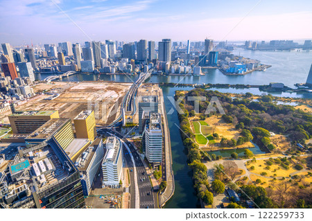 Tokyo cityscape in Japan: Towards a new era. View of the former Tsukiji Market site and other redevelopment sites. = January 23, 2025 122259733