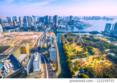 Tokyo cityscape in Japan: Towards a new era. View of the former Tsukiji Market site and other redevelopment sites. = January 23, 2025 122259735