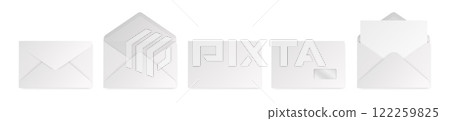 White envelopes in different positions. Realistic vector folded and unfolded envelope backpack isolated 122259825