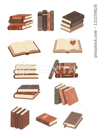 Vintage Book Set with Cozy Aesthetic for Stationery, Bookstore Logos, Posters, Stickers, and Educational Designs. Vector illustration 122259828