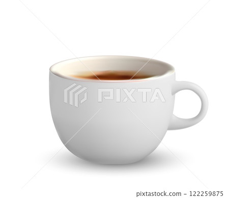 Realistic white coffee mug with hot drink, perfect for cafe branding, menu design, advertising, and social media 122259875