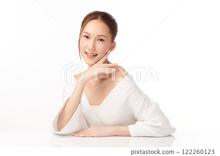 Beautiful young asian woman with clean fresh skin on white background, Face care, Facial treatment, Cosmetology, beauty and spa, Asian women portrait. Beautiful young asian woman with clean fresh skin on white background, Face care, Facial treatment, Cosmetology, beauty and spa, Asian women portrait. 122260123