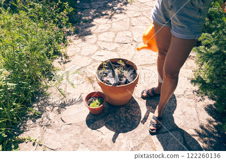 A woman holds a watering can in her hand. Transplanting seedlings into a larger pot. With space to copy. High quality photo A woman holds a watering can in her hand. Transplanting seedlings into a larger pot. With space to copy. High quality photo 122260136