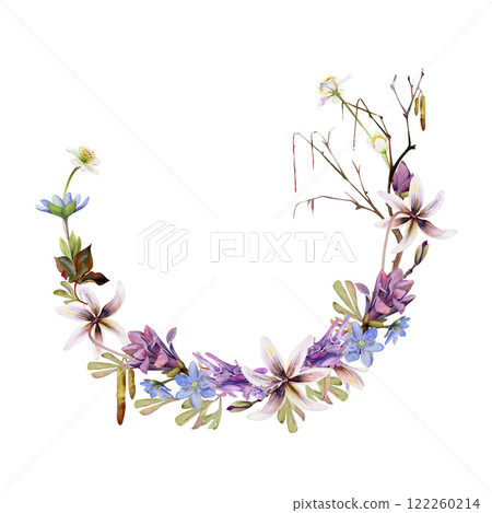 Branch with catkins, spring flowers magnolia buds, blue hepatica, white forest anemone, trout lily, corydalis hand drawn in watercolor. Wreath frame illustration for wedding, florist shop, stationery Branch with catkins, spring flowers magnolia buds, blue hepatica, white forest anemone, trout lily, corydalis hand drawn in watercolor. Wreath frame illustration for wedding, florist shop, stationery 122260214