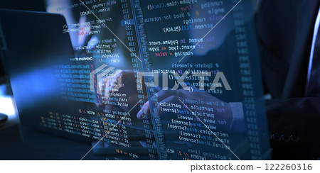Professional pointing towards virtual screen displaying live fictional code and analytical graphs, suggesting data analysis or programming workflow. 122260316