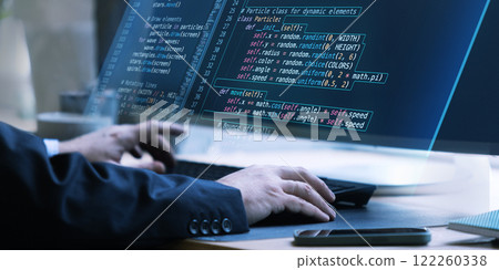 Close-up view of virtual coding screen with fictional code, showcasing problem-solving and simulation within creative digital environment. Close-up view of virtual coding screen with fictional code, showcasing problem-solving and simulation within creative digital environment. 122260338