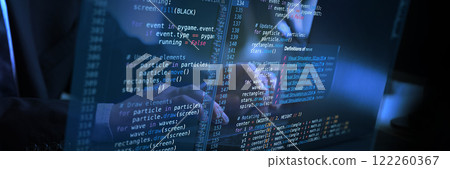 Interactive virtual coding workspace displaying fictional code, blending human input and advanced technology for digital creations. Interactive virtual coding workspace displaying fictional code, blending human input and advanced technology for digital creations. 122260367