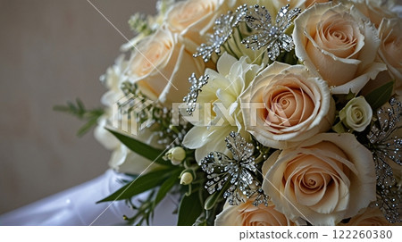wedding bouquet of white roses 122260380