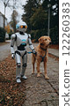 A robot walking a dog on a sidewalk. 122260383