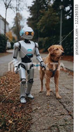 A robot walking a dog on a sidewalk. A robot walking a dog on a sidewalk. 122260383