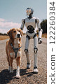 A robot walking a dog on a country road. 122260384