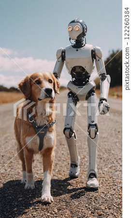 A robot walking a dog on a country road. 122260384