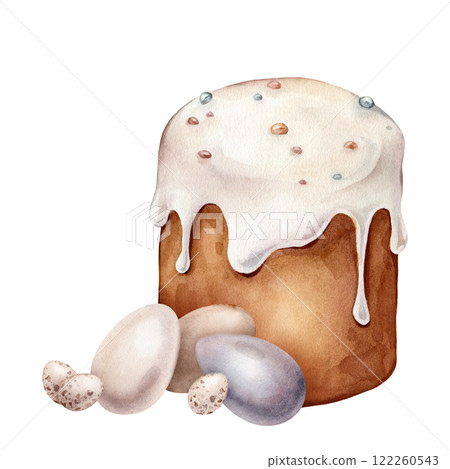 Watercolor hand drawn Illustration of Easter Kulich with White Icing and Colorful Sprinkles. Colored Chicken and quail eggs and Traditional Easter cake and adorned with white icing. Watercolor hand drawn Illustration of Easter Kulich with White Icing and Colorful Sprinkles. Colored Chicken and quail eggs and Traditional Easter cake and adorned with white icing. 122260543
