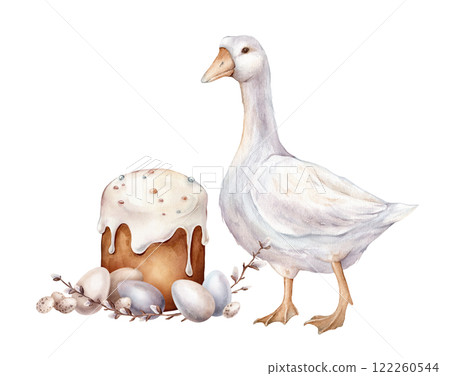 Watercolor hand drawn Illustration of goose and Easter Kulich with White Icing and Colorful Sprinkles. Colored Chicken and quail eggs and Traditional Easter cake and adorned with willow branches. 122260544
