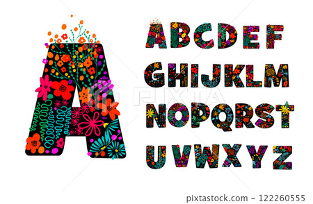 Alphabet of flowers. hand drawn. Not AI, Vector illustration 122260555