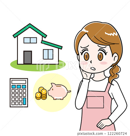 Illustration of a woman (housewife) struggling with mortgage repayments 122260724
