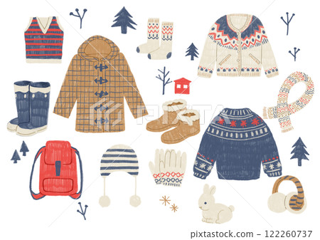 A set of winter accessories drawn with colored pencils 122260737