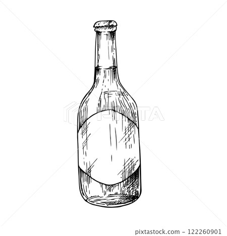 Vector Glass bottle of soda, beer. Graphic ink ale illustration isolated on background. Hand drawn line sketch. For designers, prints, logo, menu, postcards, wrapping paper, holiday, covers Vector Glass bottle of soda, beer. Graphic ink ale illustration isolated on background. Hand drawn line sketch. For designers, prints, logo, menu, postcards, wrapping paper, holiday, covers 122260901