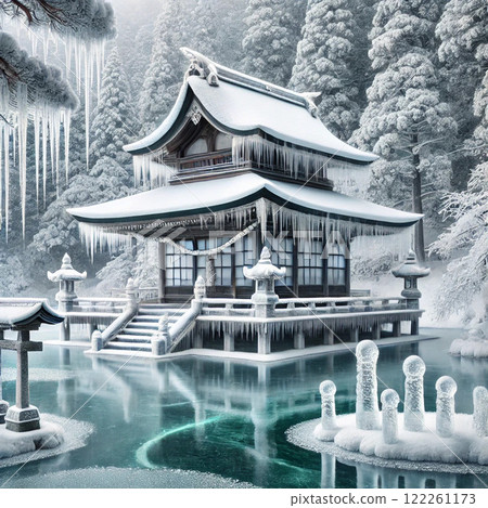 A spectacular winter scene in Japan, interwoven with light and snow 122261173