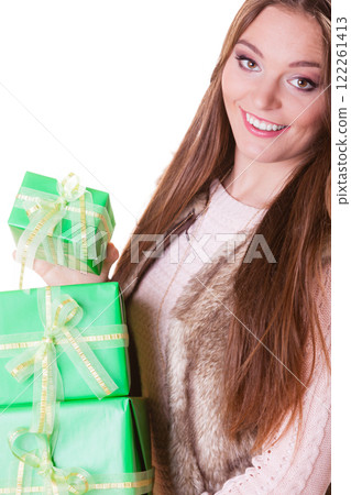 Pretty fashion woman with boxes gifts. Birthday. 122261413