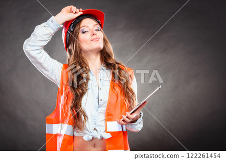 Woman structural engineer with tablet working. Woman structural engineer with tablet working. 122261454