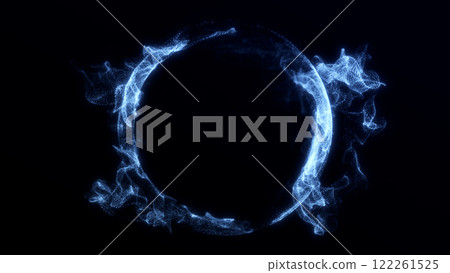 Glowing dynamic waveform energy sphere from particles flowing on black abstract background. Digital futuristic plasma orb in space. Sci fi fantasy magic circle screensaver. 122261525