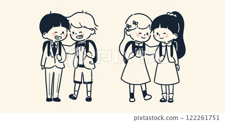 A simple and cute illustration of close friends, a boy and a girl, smiling at each other while carrying their school bags at the school entrance ceremony A simple and cute illustration of close friends, a boy and a girl, smiling at each other while carrying their school bags at the school entrance ceremony 122261751