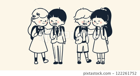A simple and cute illustration of close friends, a boy and a girl, smiling at each other while carrying their school bags at the school entrance ceremony A simple and cute illustration of close friends, a boy and a girl, smiling at each other while carrying their school bags at the school entrance ceremony 122261752