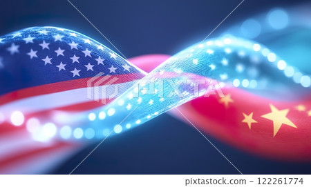 Complex trade relations symbolized by intertwined US and China flags in abstract design. 122261774