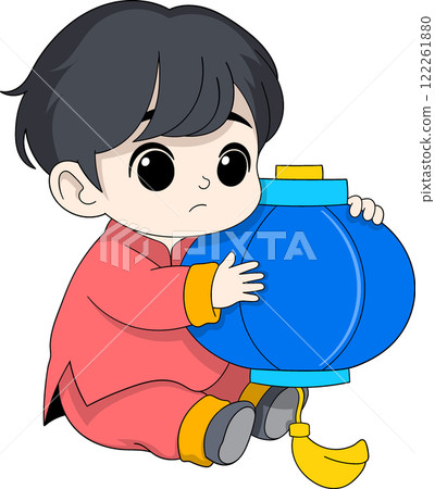 Adorable Boy Holding Blue Lantern Illustration for Chinese New Year Celebration 122261880