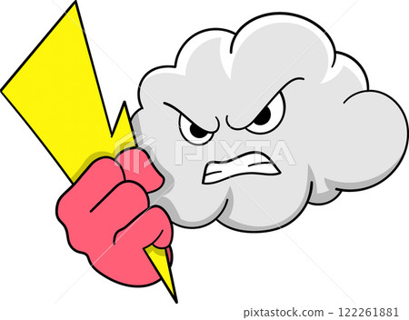 Angry Storm Cloud Character Holding Lightning Bolt for Weather Designs 122261881