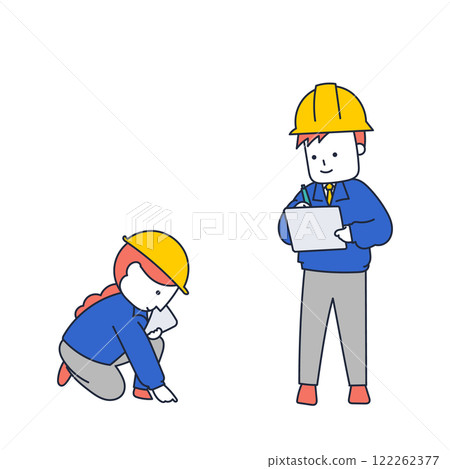 Two workers carrying out surveys, inspections and checks with tablets 122262377