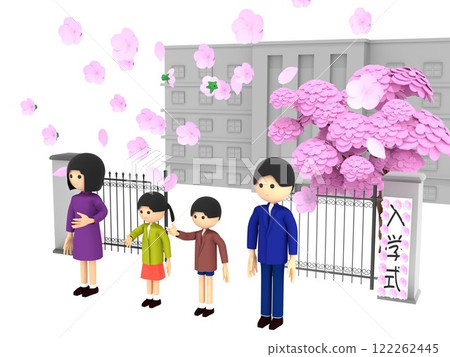 A parent and child standing in front of the gate of an elementary school with cherry blossoms in bloom, attending the entrance ceremony A parent and child standing in front of the gate of an elementary school with cherry blossoms in bloom, attending the entrance ceremony 122262445