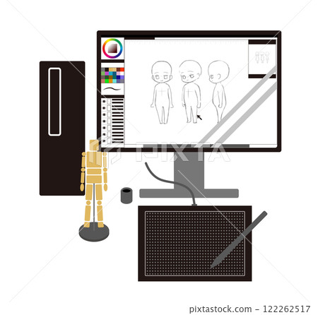 An image of drawing illustrations and manga with a desktop PC and a pen tablet 122262517
