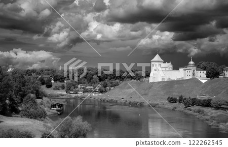 Castle in Grodno. Black and white photo and retro style. 122262545