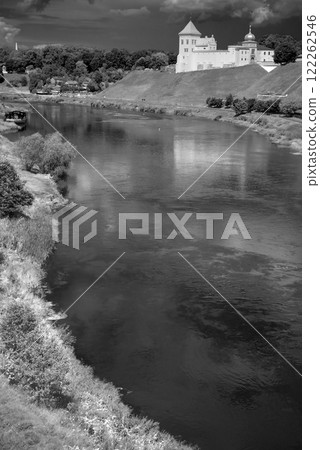 Castle in Grodno. Black and white photo and retro style. 122262546