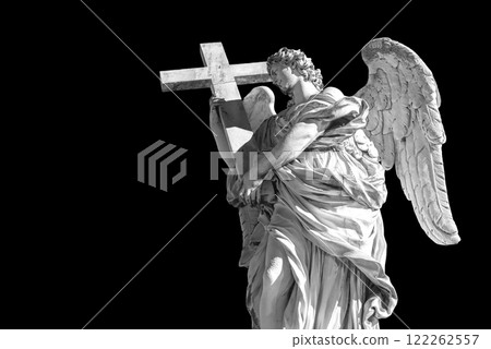 Statues on the bridge in Rome. Black and white photo 122262557