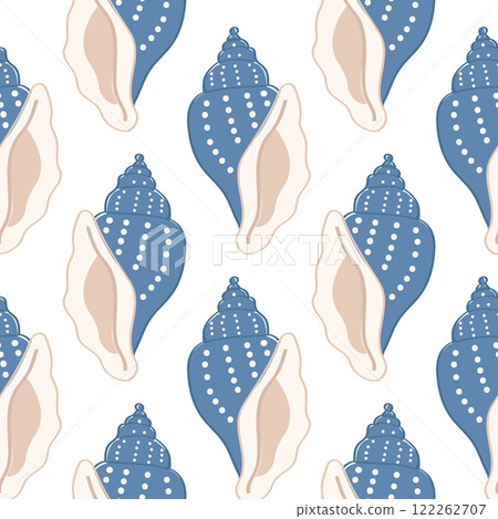Marine seamless pattern with cute blue sea shells. Background, wallpaper, notebook cover, wrapping paper, fabric template. 122262707