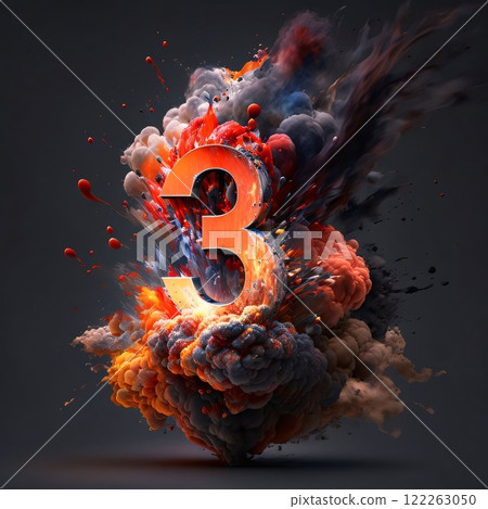 Number 3 in fire and smoke isolated on black background. 3d illustration 122263050