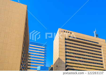 Tokyo cityscape in Japan, overlooking the Asahi Shimbun company and other buildings. In front of the company lies the former site of Tsukiji Market... = January 23, 2025 122263137