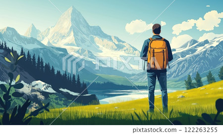 A traveler with a backpack standing in front of scenic mountain landscape 122263255