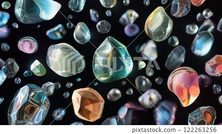 Abstract floating glass gemstones with colorful reflections on a dark background 122263256