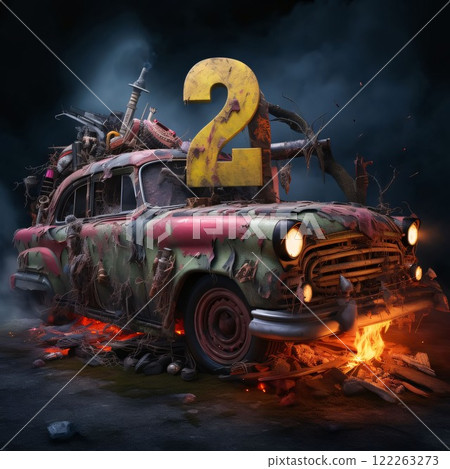 Burning car with number 2, 3d illustration, horizontal composition Burning car with number 2, 3d illustration, horizontal composition 122263273