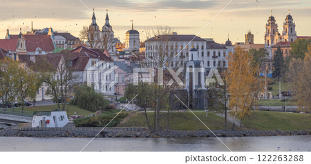 dawn in autumn in the historical center of Minsk by the river. Belarus dawn in autumn in the historical center of Minsk by the river. Belarus 122263288
