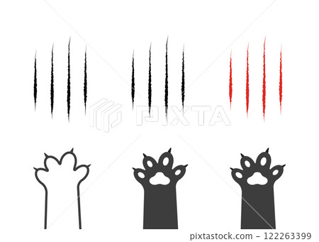 Cat scratch. Set of claws scratches, pets or wild animal nails rip isolated on white background. Lion or tiger flat scratch marks. Black cat foot print. Vector illustration Cat scratch. Set of claws scratches, pets or wild animal nails rip isolated on white background. Lion or tiger flat scratch marks. Black cat foot print. Vector illustration 122263399
