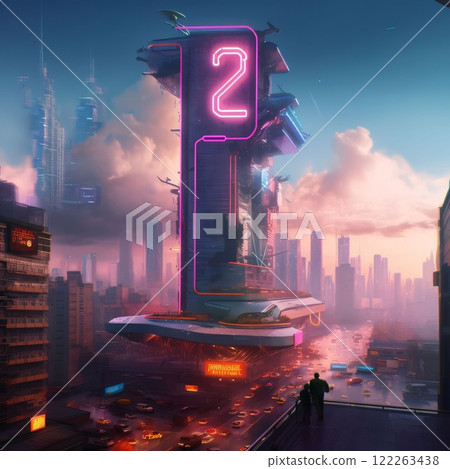 3d rendering of a futuristic city at night with neon sign. 122263438