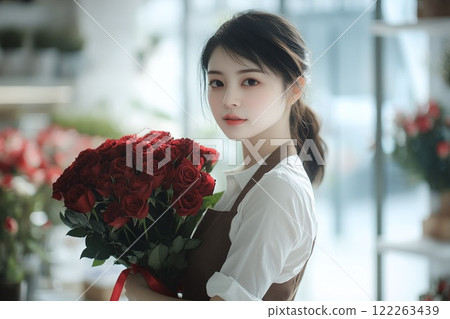 A Asian girl young florist holding a bouquet of red roses in a sunlit flower shop. For advertisements, greeting cards, banner, poster, flyers. 122263439