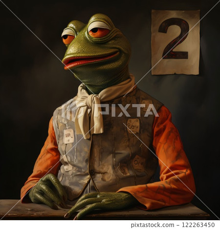 Frog in an orange suit and a white shirt on a dark background 122263450
