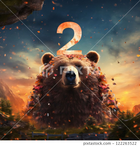 3D illustration of a bear with the number 2 in the forest. 122263522